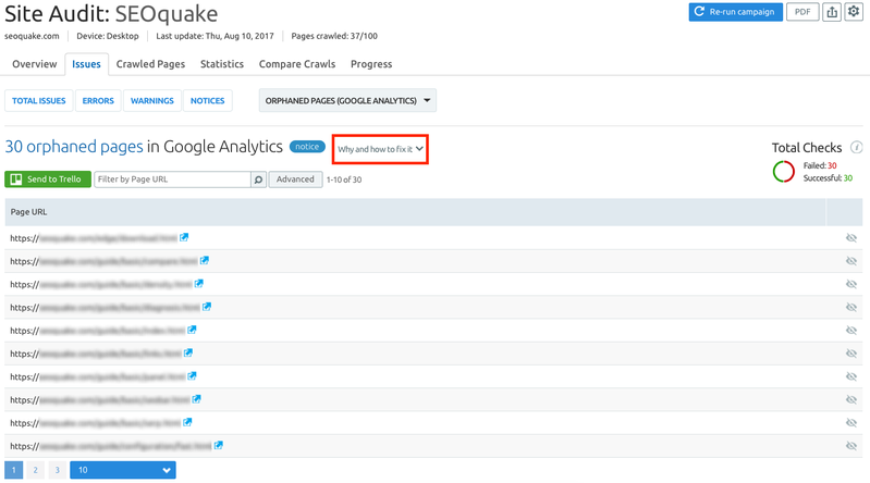 تقرير بالصفحات اليتيمة على موقعك من أداة  Semrush Site Audit