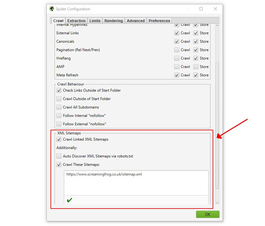 الخيارات المتعلقة بـ XML Sitemaps لموقعك في أداة Screaming Frog